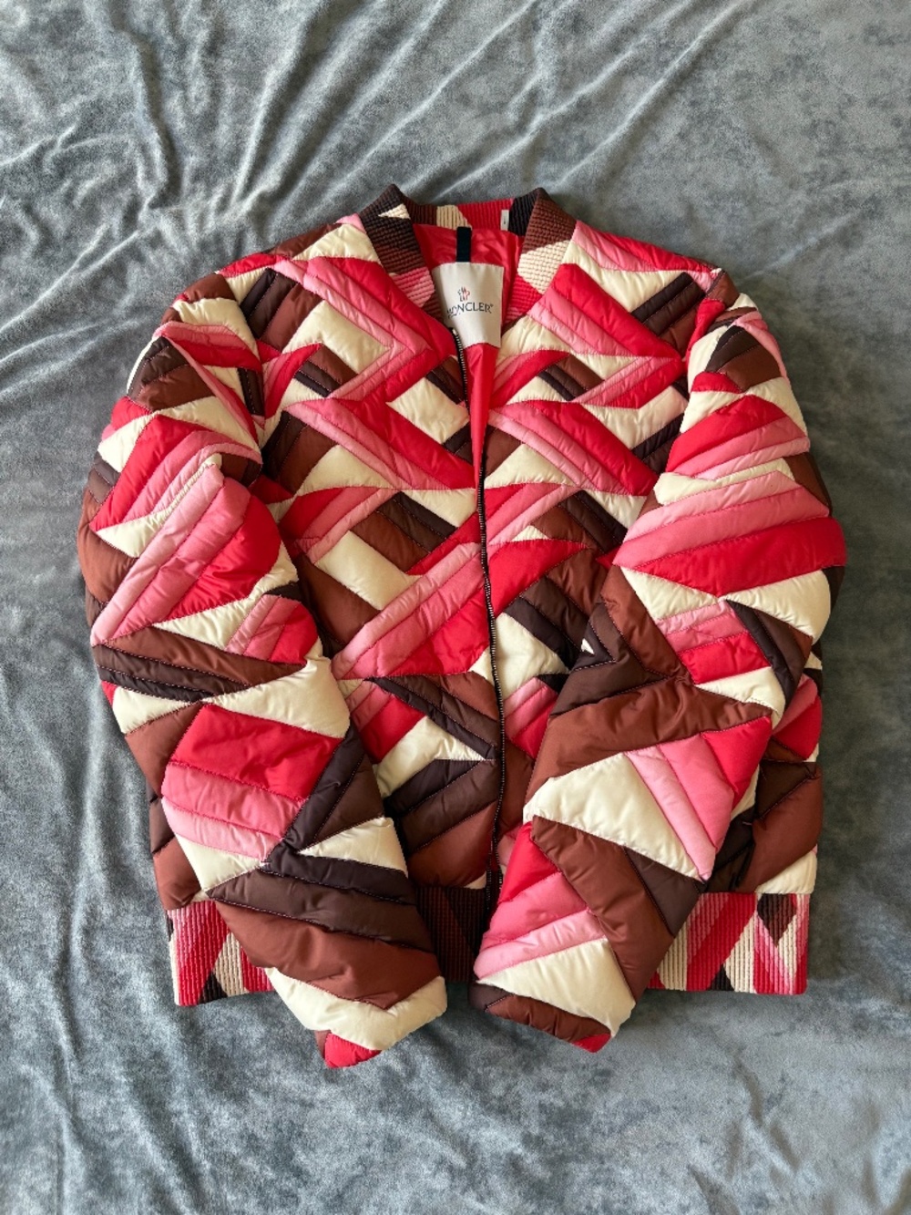 Moncler Quilted Jacket Pink Floral Print Stand Collar Zip